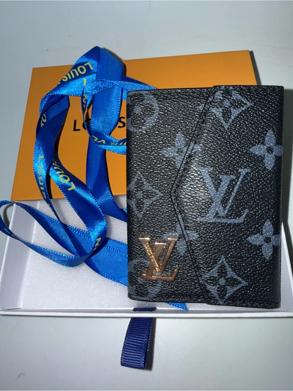 Luxury Style Black Monogram Accordion Card Holder Wallet Gold Tone Compact Case